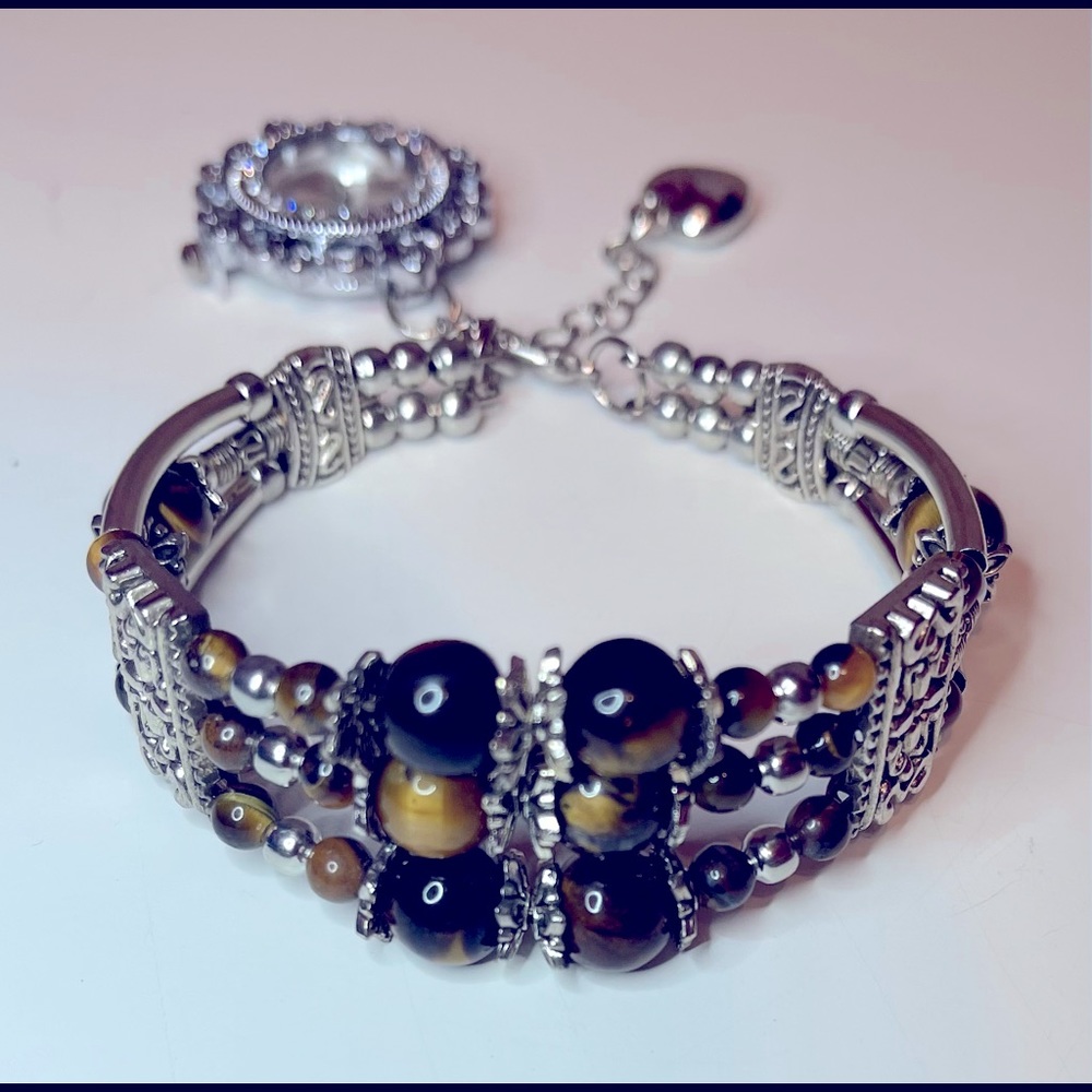 NEW-STRADA Yellow Tigers Eye Crystal Stainless Steel Charm Bracelet Watch